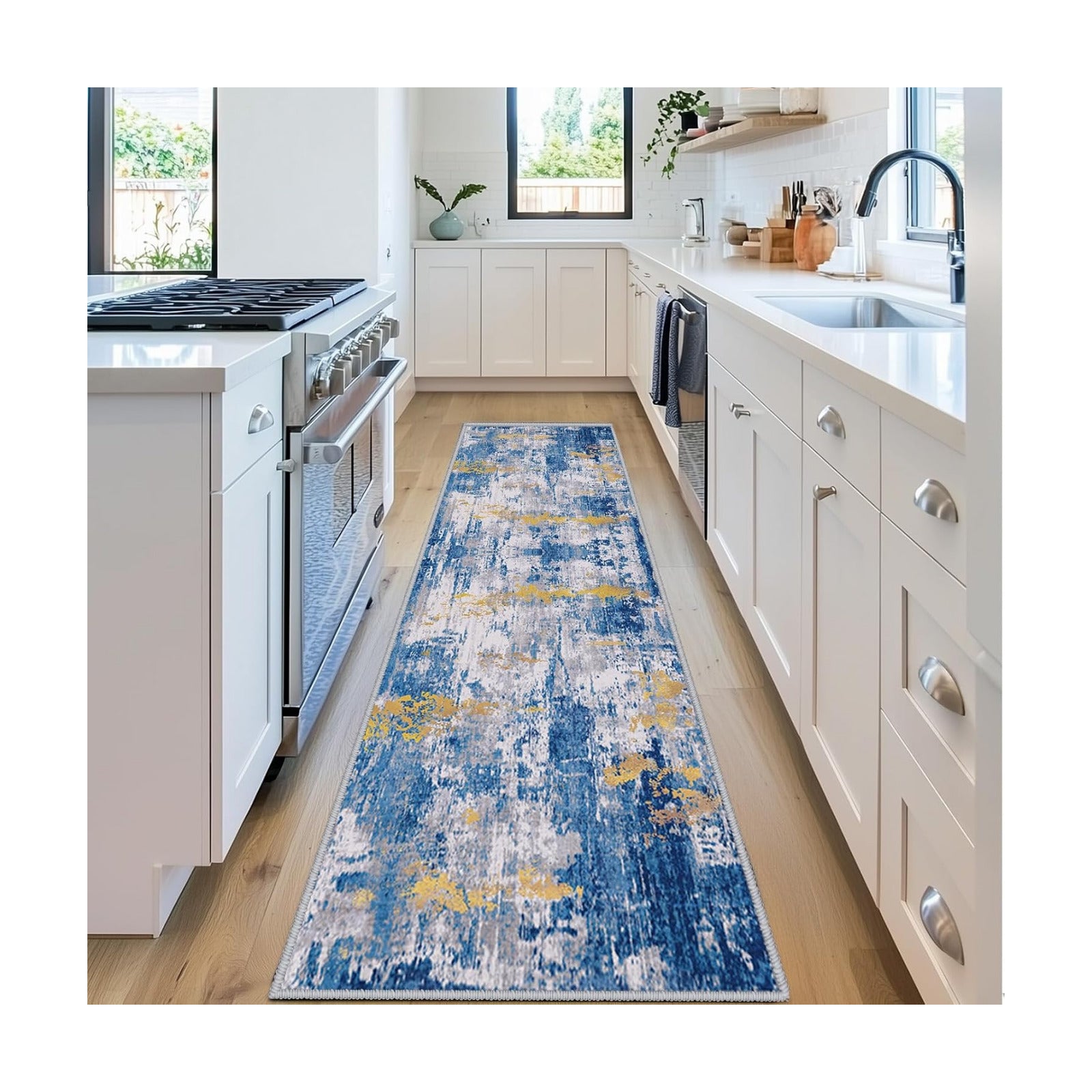 RELEANY Washable Runner 2'x6' Abstract Area Rug for Hallway Blue Gold