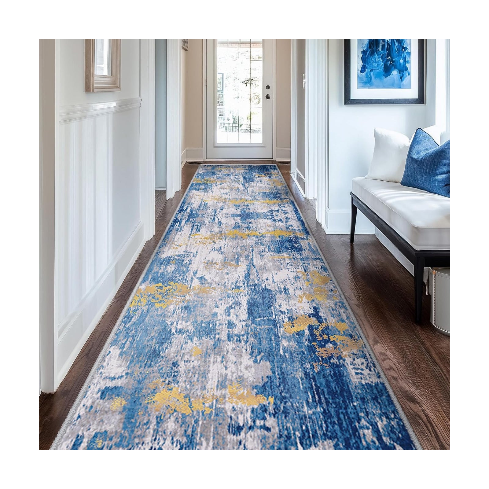 RELEANY Washable Runner 2'x10' Abstract Area Rug for Hallway Blue Gold