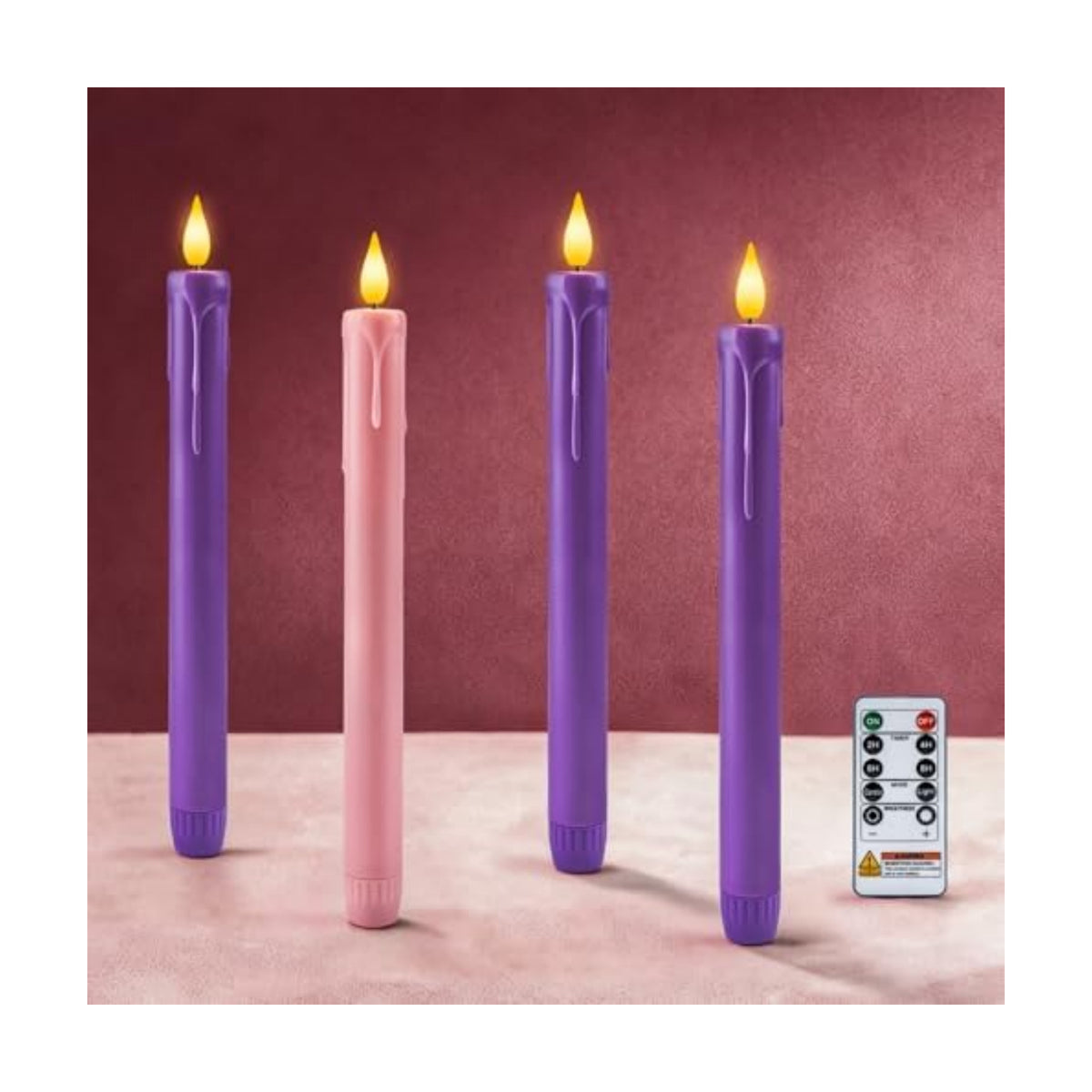Homemory Flameless Advent Candles, Set of 4, Battery-Operated Flickering LED Candlesticks, Flameless Taper Candles with Remote Timer - 3 Purple, 1 Pink for Christmas Wreath