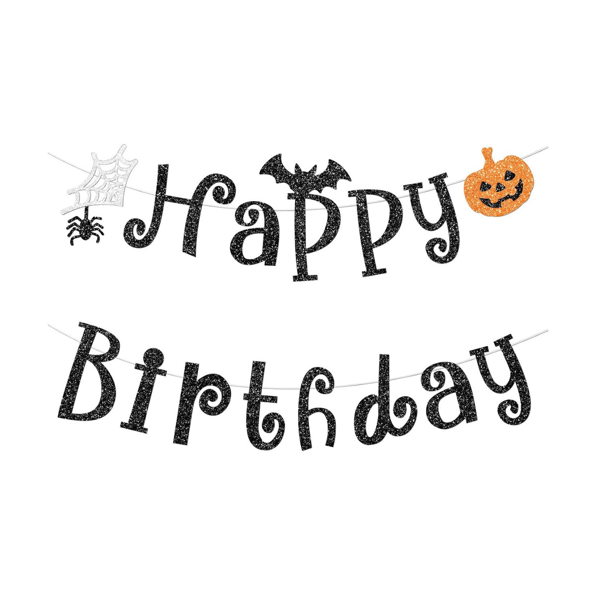 Black Halloween Happy Birthday Banner, Sparkly Glittery Pumpkin Spider and Bat Banners Halloween Birthday Party Decorations Supplies for Adults, No Diy.