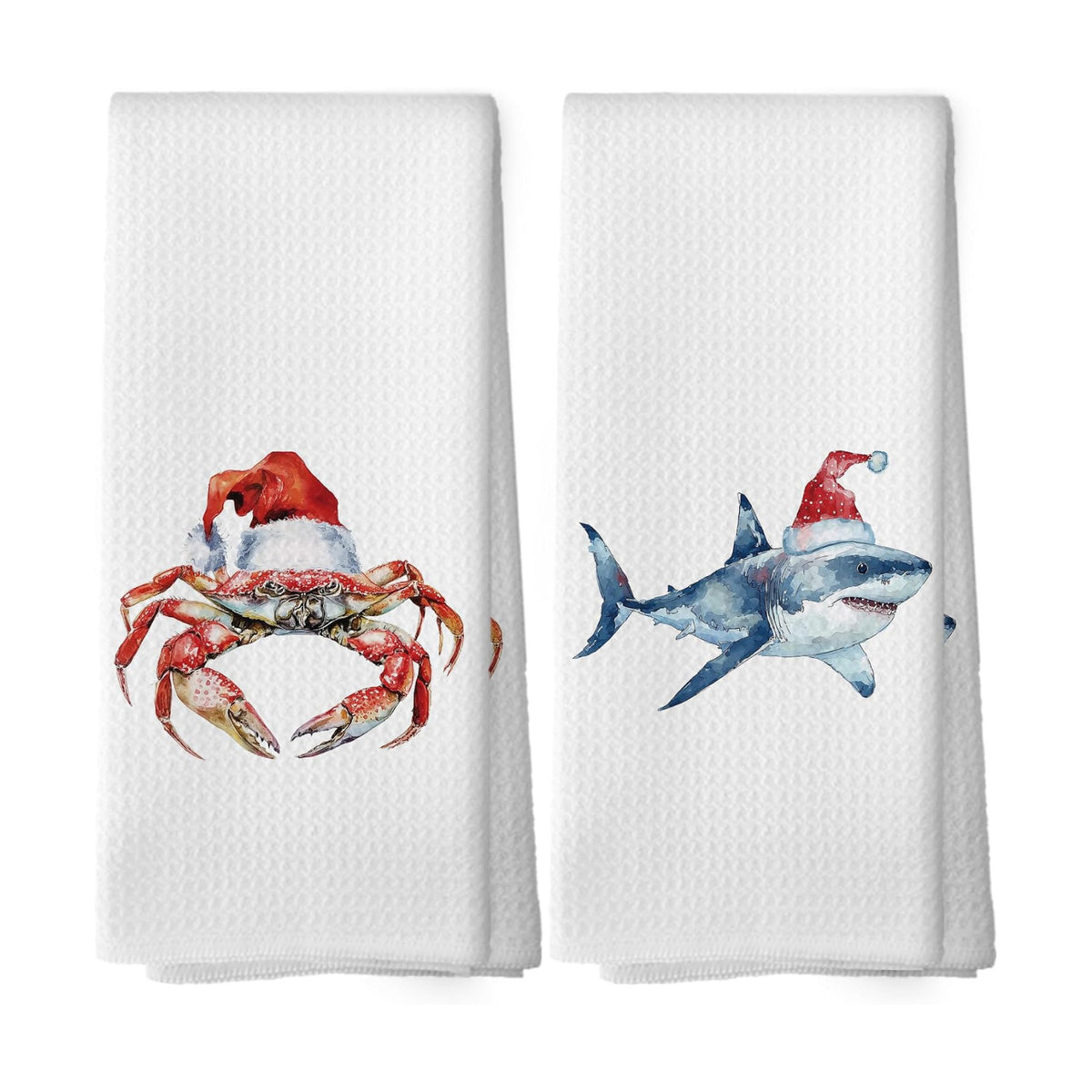 XPH Christmas Beach Kitchen Dish Towels, Crab Shark Gifts for Women, Coastal Crab Shark Christmas Hand Towels Kitchen Tea Towel Decorations, Coastal Xmas Bathroom Decor, 16x24inch Set of 2