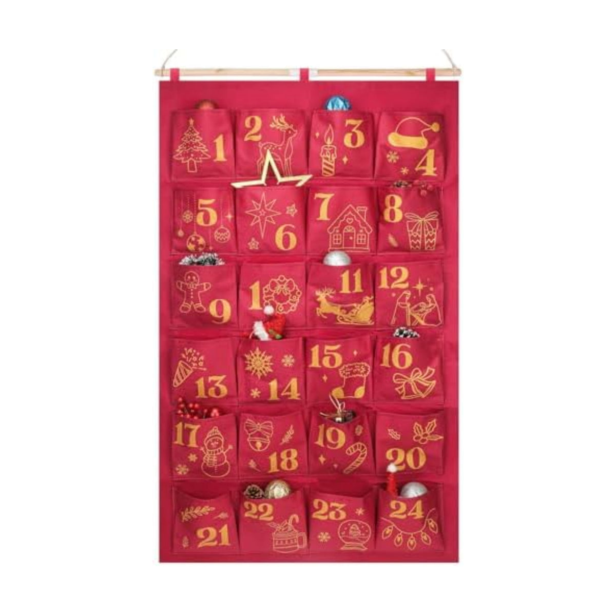 HOWAF Red Gold Fabric Christmas Advent Calendar with Pockets (Countdown to Christmas), 24 Days Mystery Christmas Countdown Calendar for Xmas Holiday Home Wall Decoration