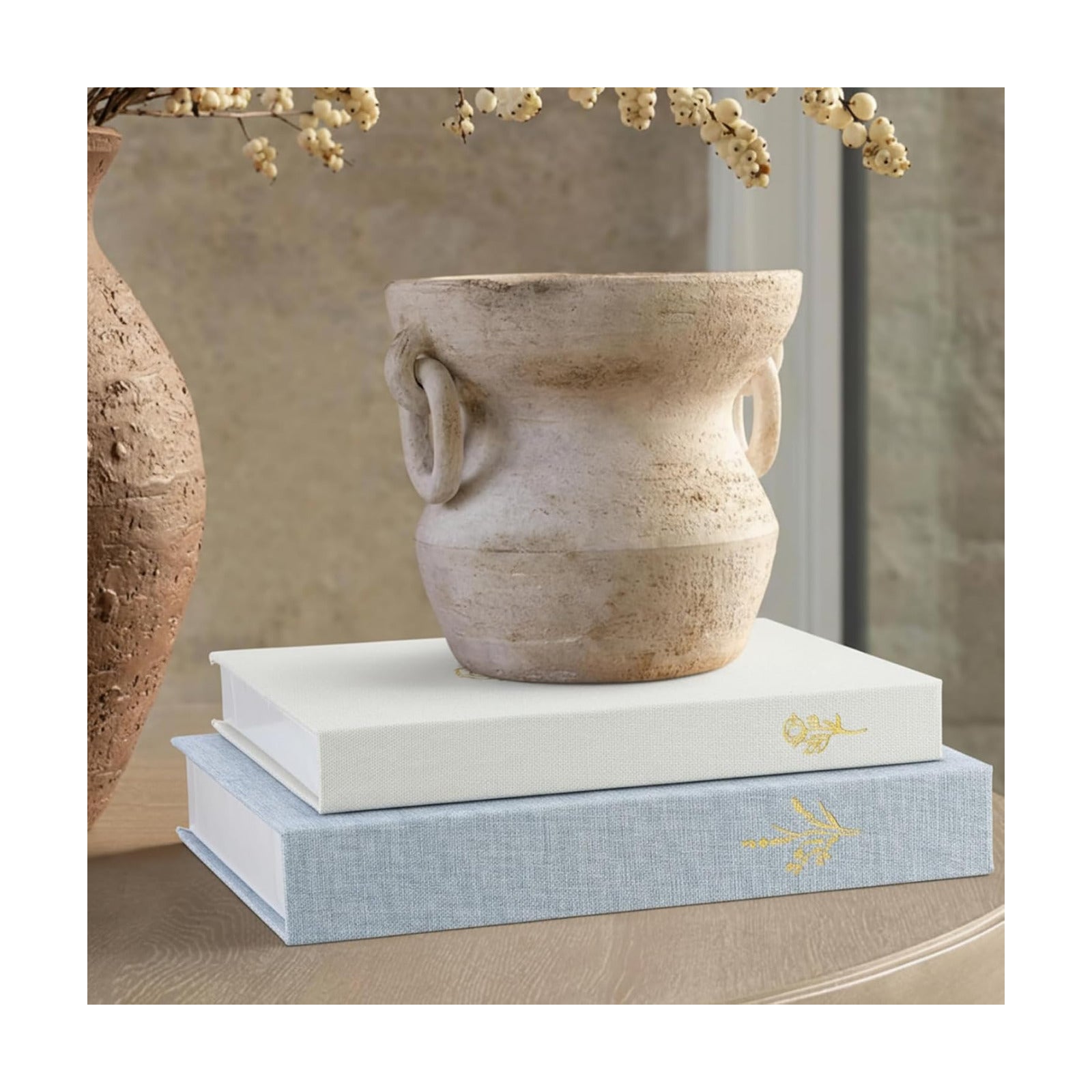 Aesthetic Decorative Books Linen Boxes Coffee Table Bookshelf Mantle / Baby Blue Beige / Set of 2
