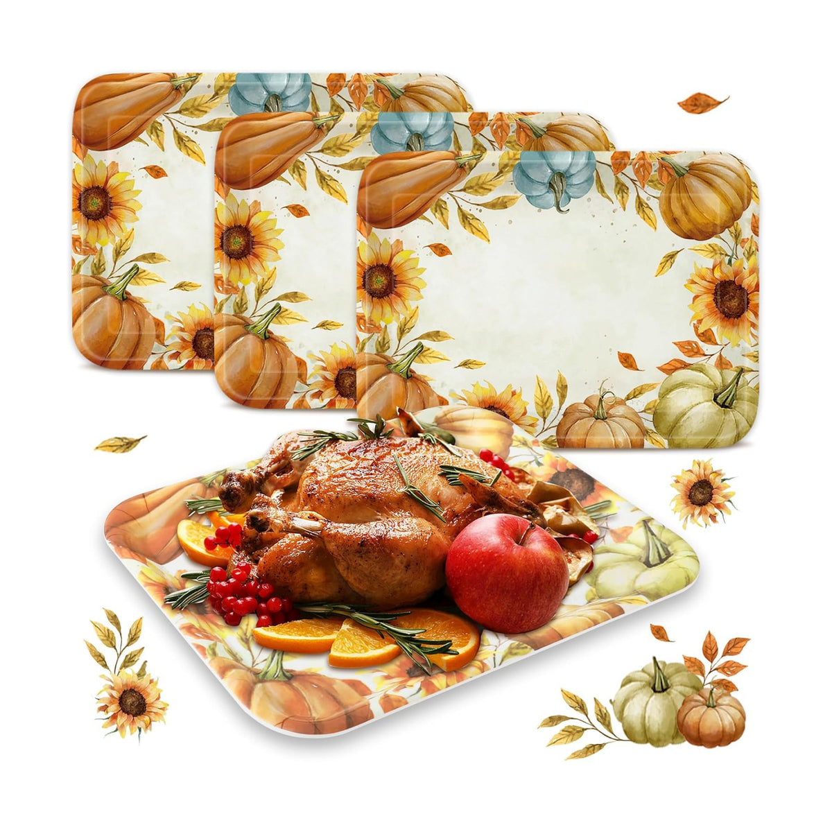 Whaline 3 Pcs Fall Serving Trays Watercolor Pumpkin Sunflower Plastic Platter Serving Dishes for Autumn Harvest Thanksgiving Party Sharing Snack Fruit Dessert