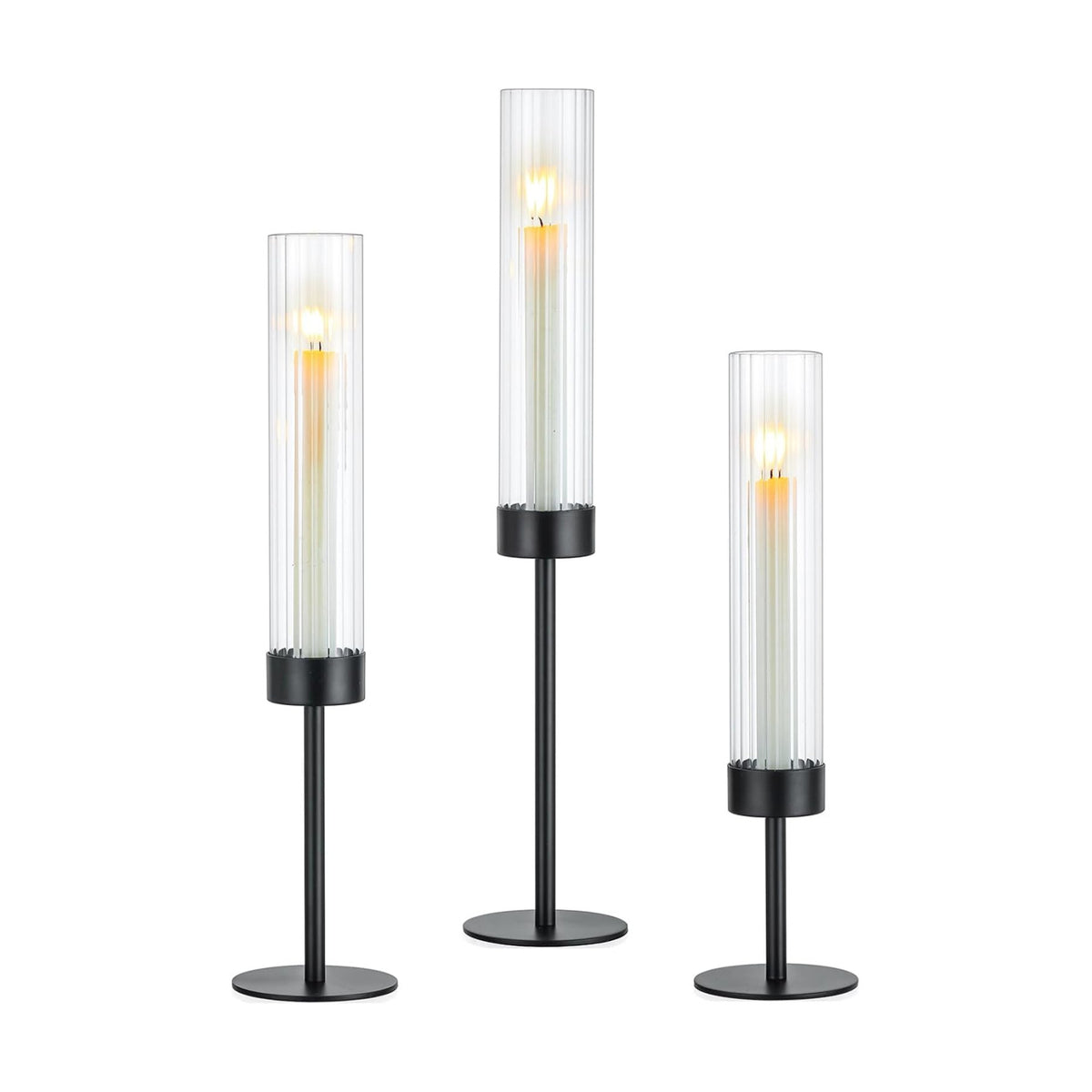 Hewory Black Taper Candle Holders: Candlestick Holders Set of 3 Hurricane Glass Tall Candle Holder for Candlesticks