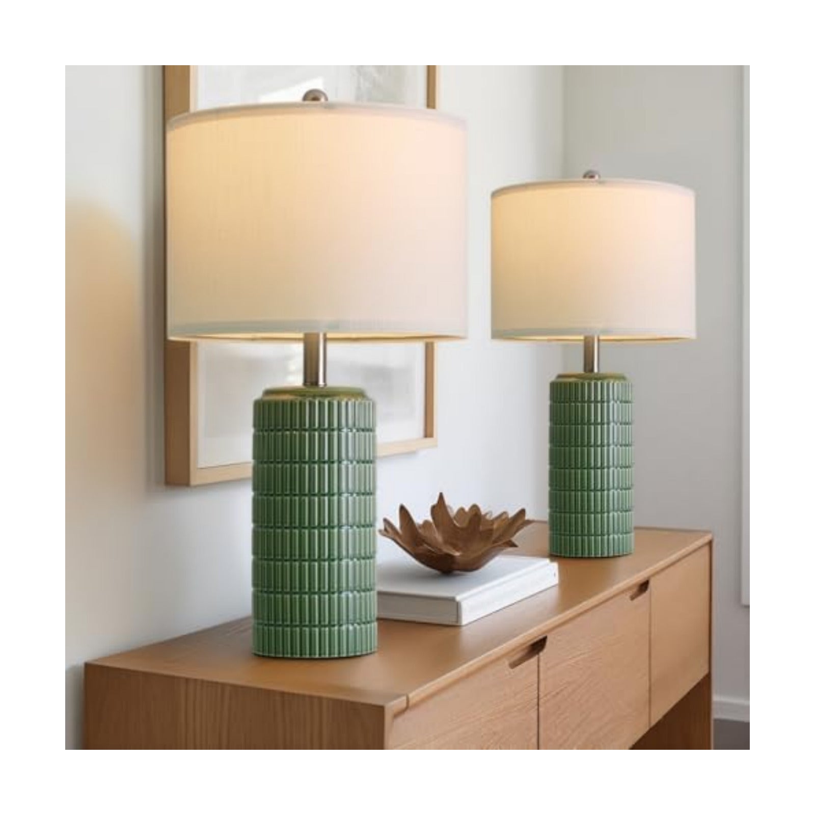 PoKat 24" Modern Ceramic Table Lamps Set of 2 for Bedroom, Green Bedside Lamps for Night Stands, Farmhouse House Decor