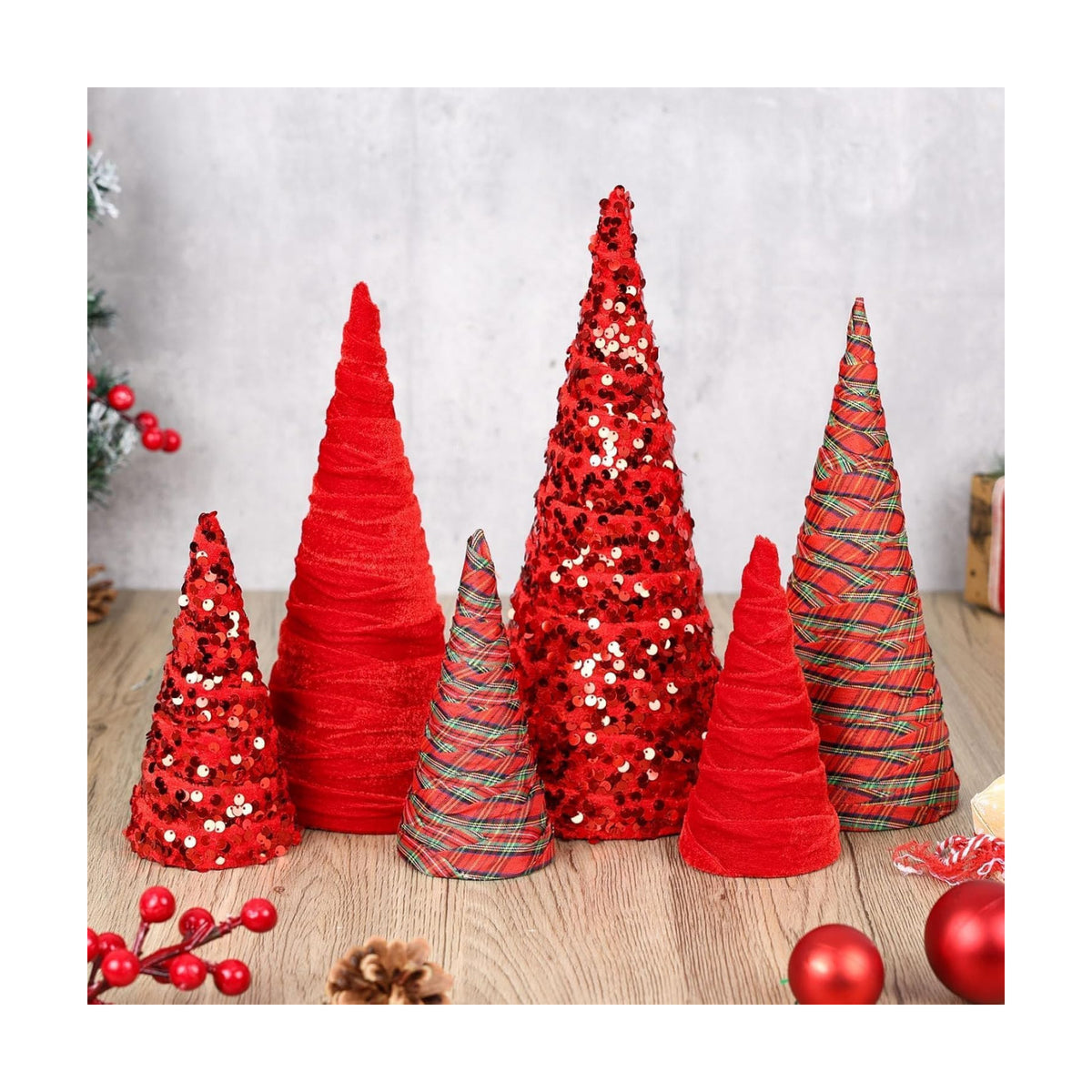 6 Pcs 12" 10" 6"Buffalo Plaid Christmas Velvet Cone Trees Decoration Christmas Glitter Tree Farmhouse Buffalo Plaid Tiered Tray Ornament for Xmas Home Holiday Entryway Tabletop Tree Centerpiece Decor