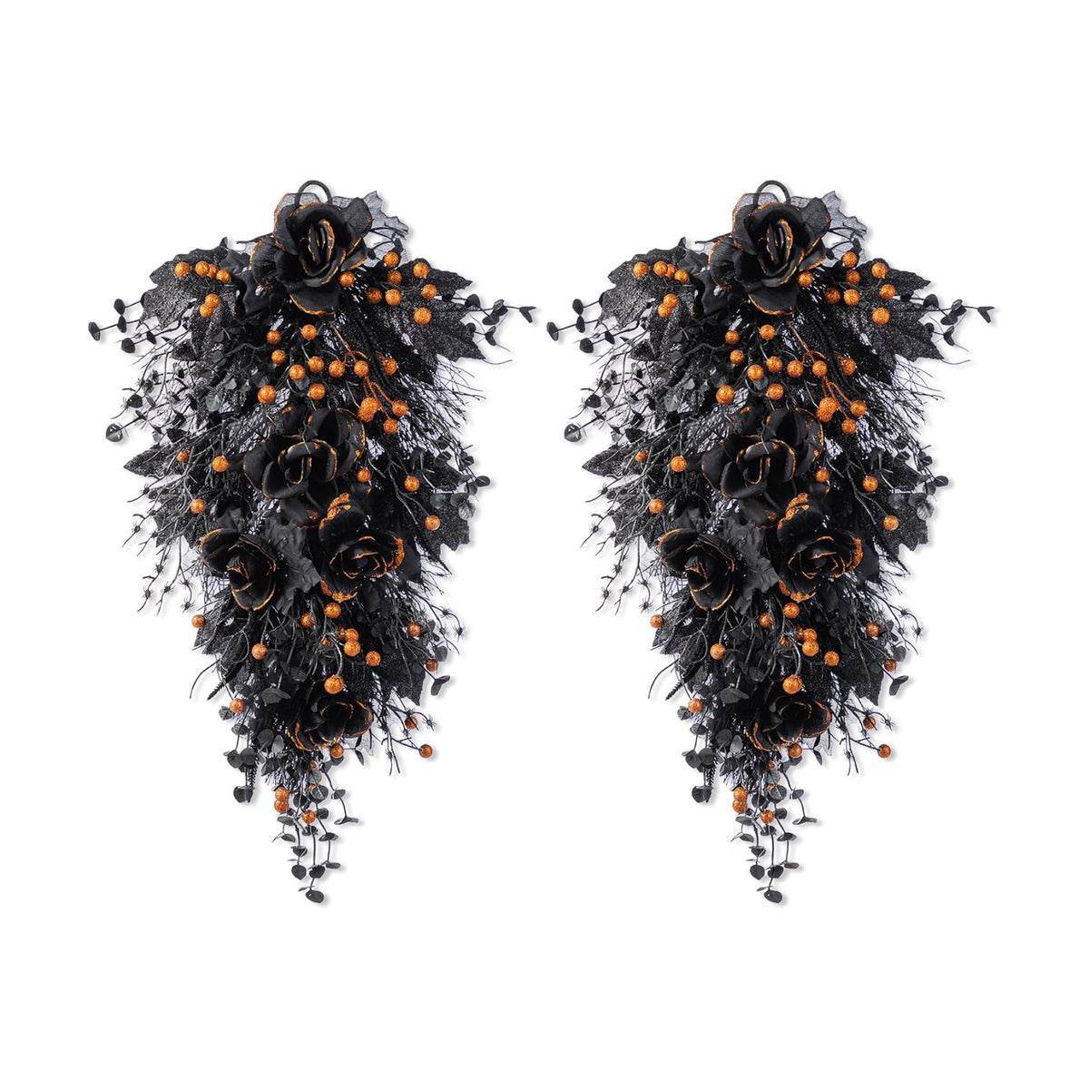 Glitzhome Halloween Teardrop Swag, 28" H Spooky Black Fall Swag Decor, Twig Wreath with Black Rose and Berry Floral Swag for Doorway, Wall, or Mantel, Set of 2