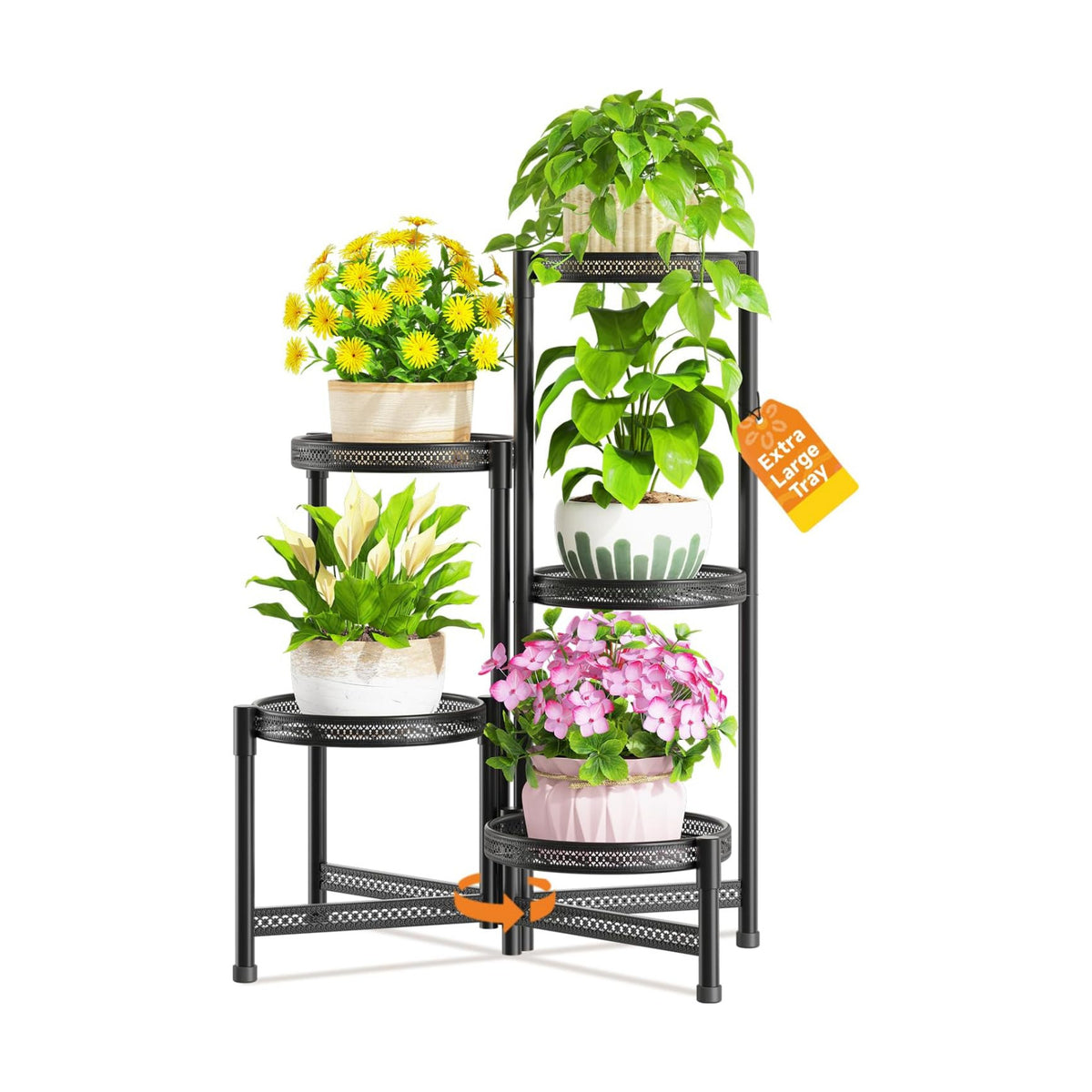 LASZOLA Plant Stand Indoor Outdoor Tall with 10 Inch Larger Tray, Black | 5 Tier Heavy Duty Metal Folding Adjustable