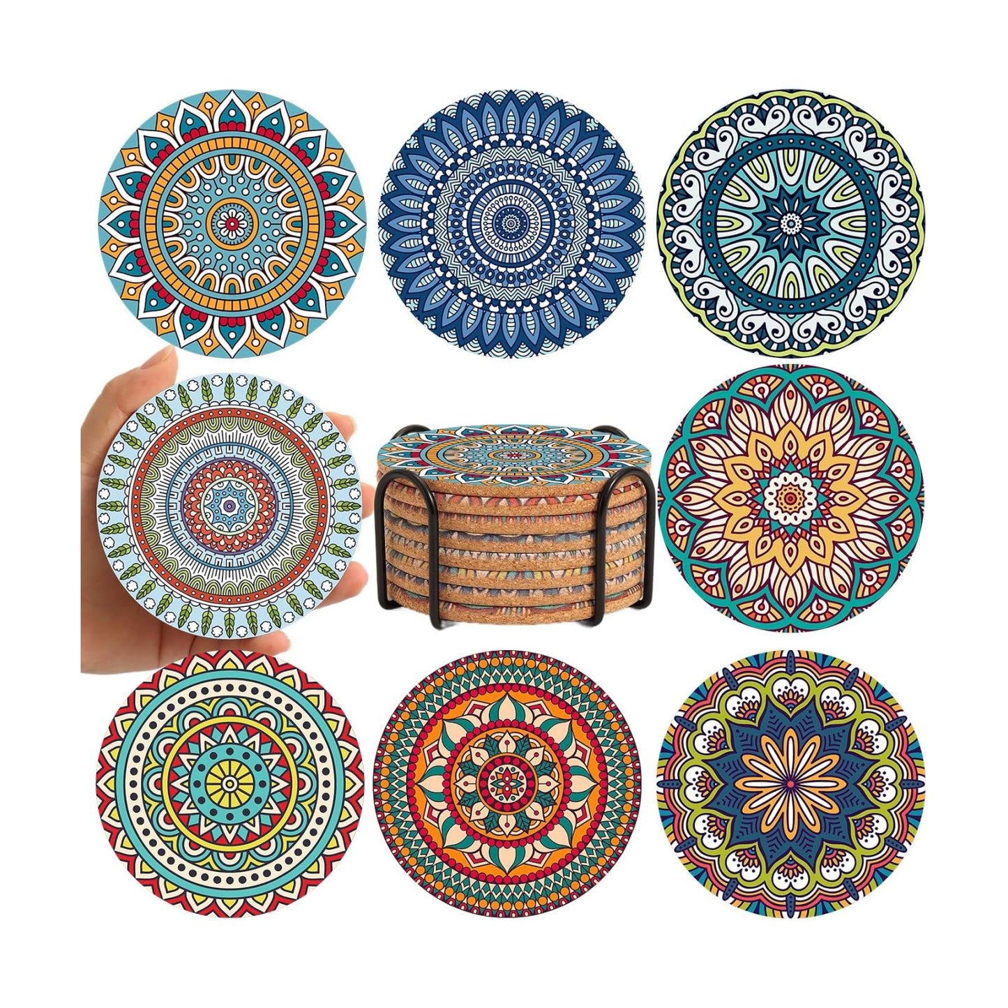 Holder / Round Boho Coasters for Drinks / Mandala Coasters5 / Set of 8