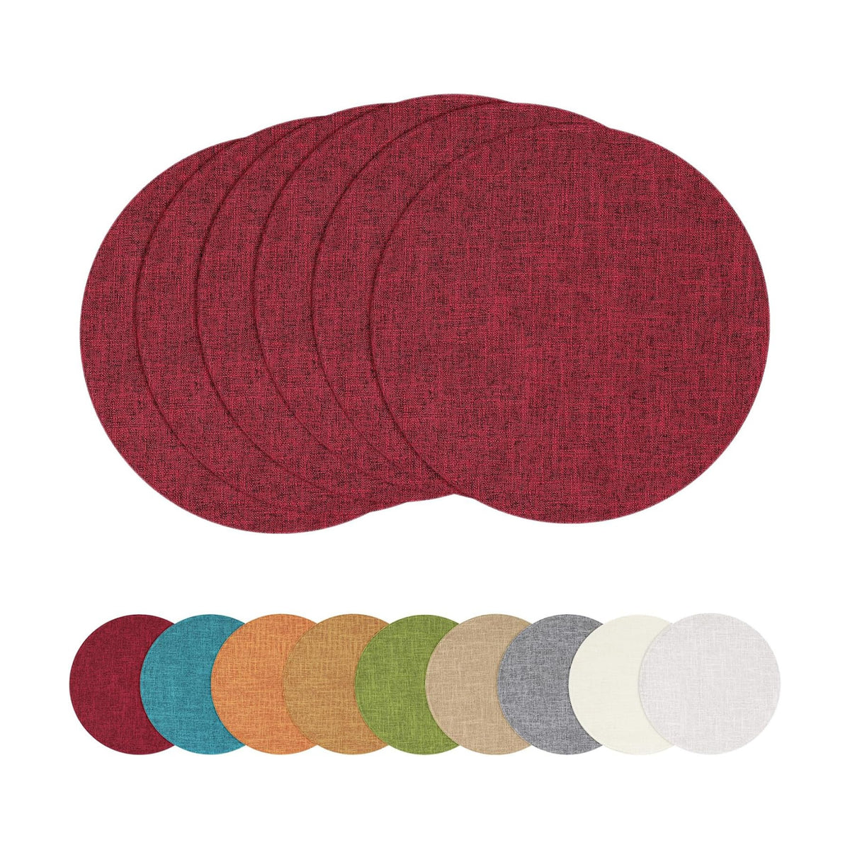 Cotton Linen 15 Inch Round Cloth Place mats, Set of 6, Red | Washable Table Mats, Heat Resistant, Reversible, Wipeable