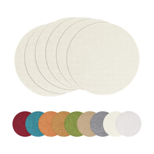 Cotton Linen 15 Inch Round Cloth Place mats, Set of 6, Cream | Washable Table Mats, Heat Resistant, Reversible