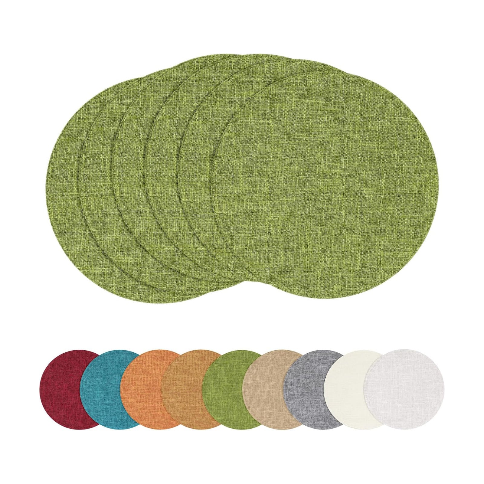 Cotton Linen 15 Inch Round Cloth Place mats, Set of 6, Grass Green | Washable Table Mats, Heat Resistant, Reversible