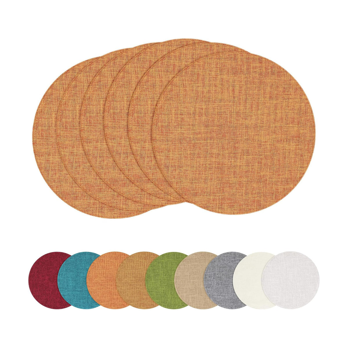 Cotton Linen 15 Inch Round Cloth Place mats, Set of 6, Orange | Washable Table Mats, Heat Resistant, Reversible