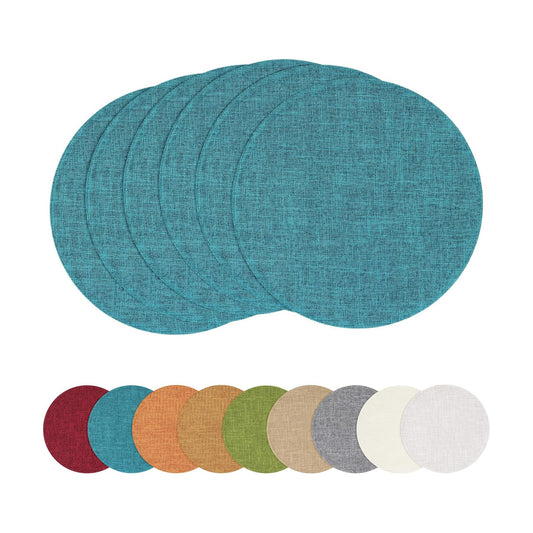 Cotton Linen 15 Inch Round Cloth Place mats, Set of 6, Teal | Washable Table Mats, Heat Resistant, Reversible, Wipeable