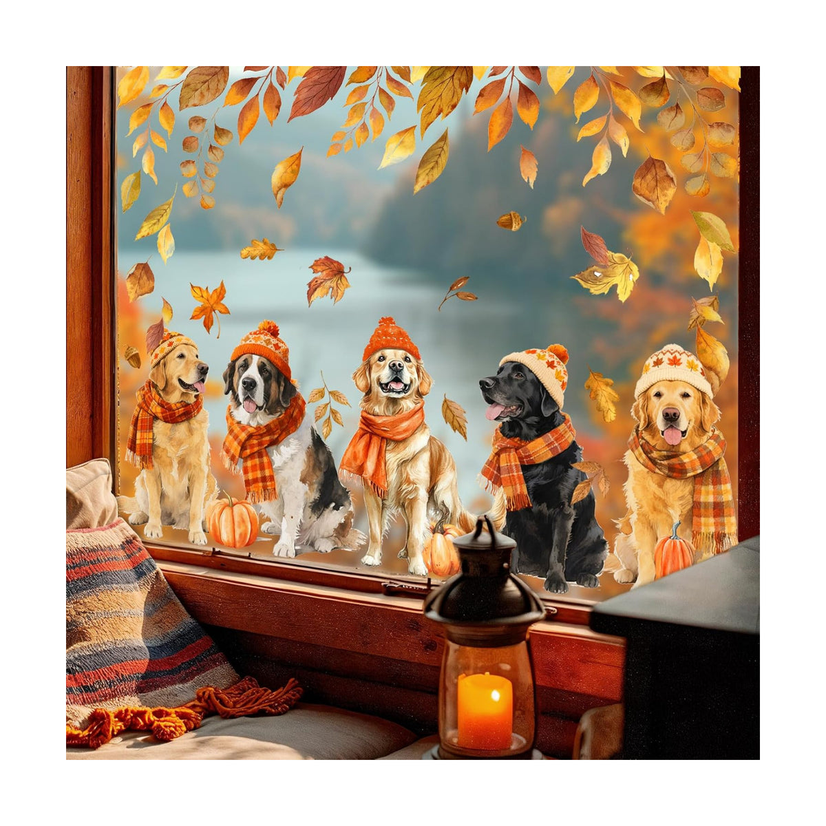 JarThenaAMCS 2 Sheet Fall Dog Window Clings, Resuable Window Decal
