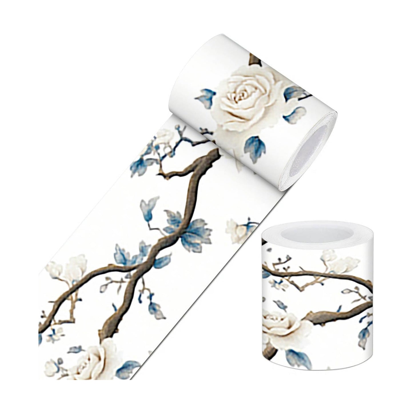 Wallpaper Border Peel and Stick PVC Rose and Branch Design / White Rose Branch / 4 x 196