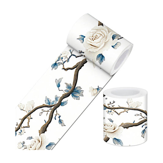 Wallpaper Border Peel and Stick PVC Rose and Branch Design / White Rose Branch / 4 x 196