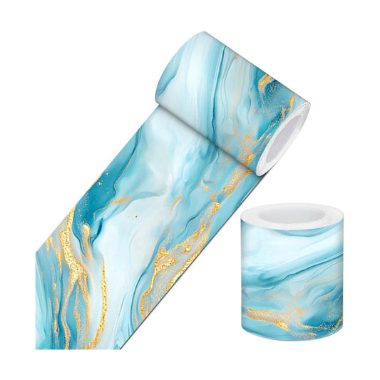 Wallpaper Border Peel and Stick Blue Gold Marble Pattern Mirror Frame / Ocean Gold Marble / 196 x 4