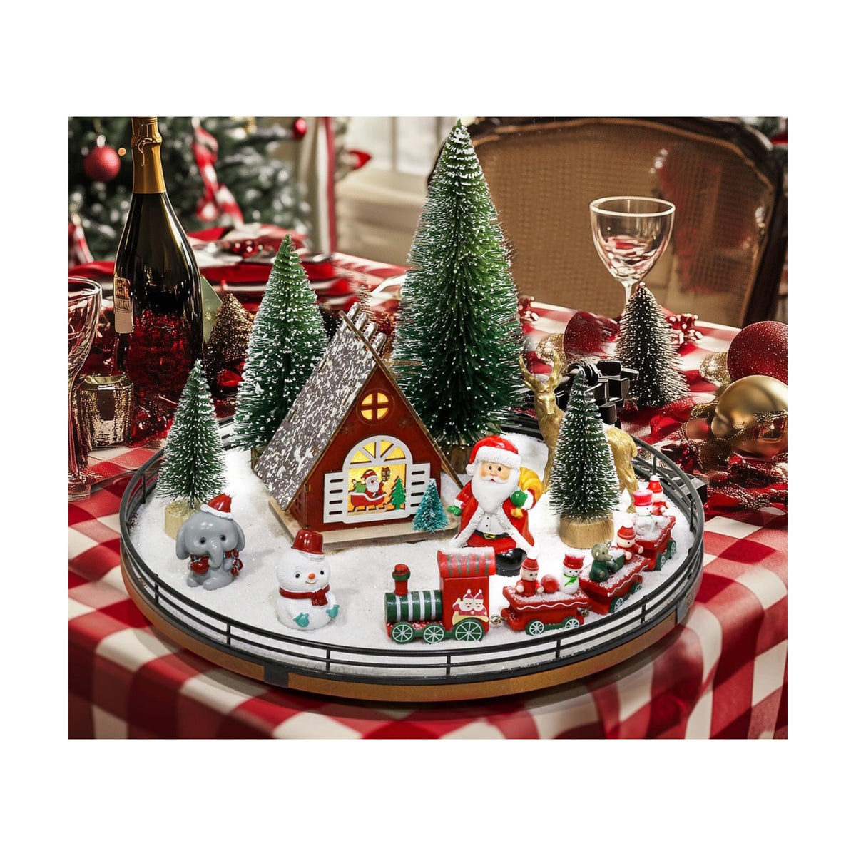 AMH 12-Piece Christmas Village Table Decor Set with Oak Rotating Base