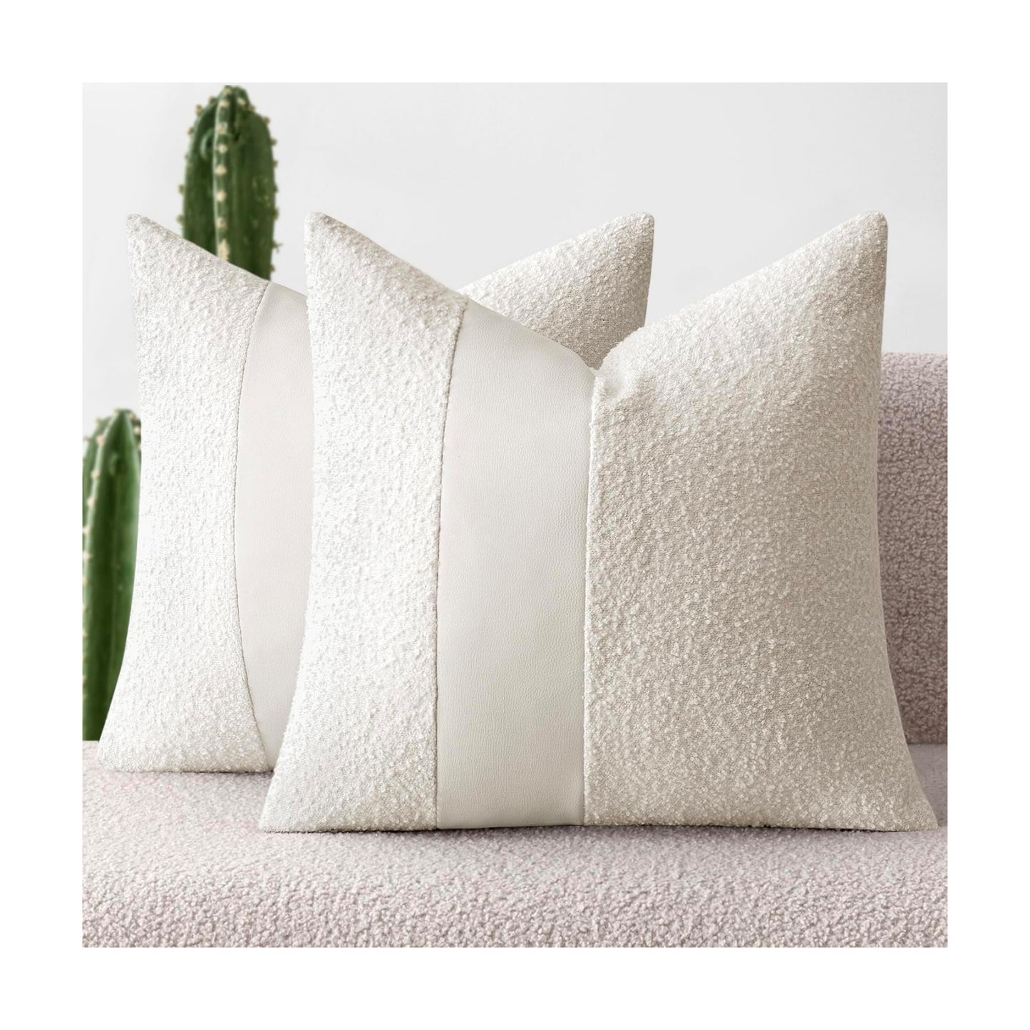 Boucle Throw Pillow Covers Faux Leather Textured Decorative Pillow / 18 x 18 / White / Set of 2