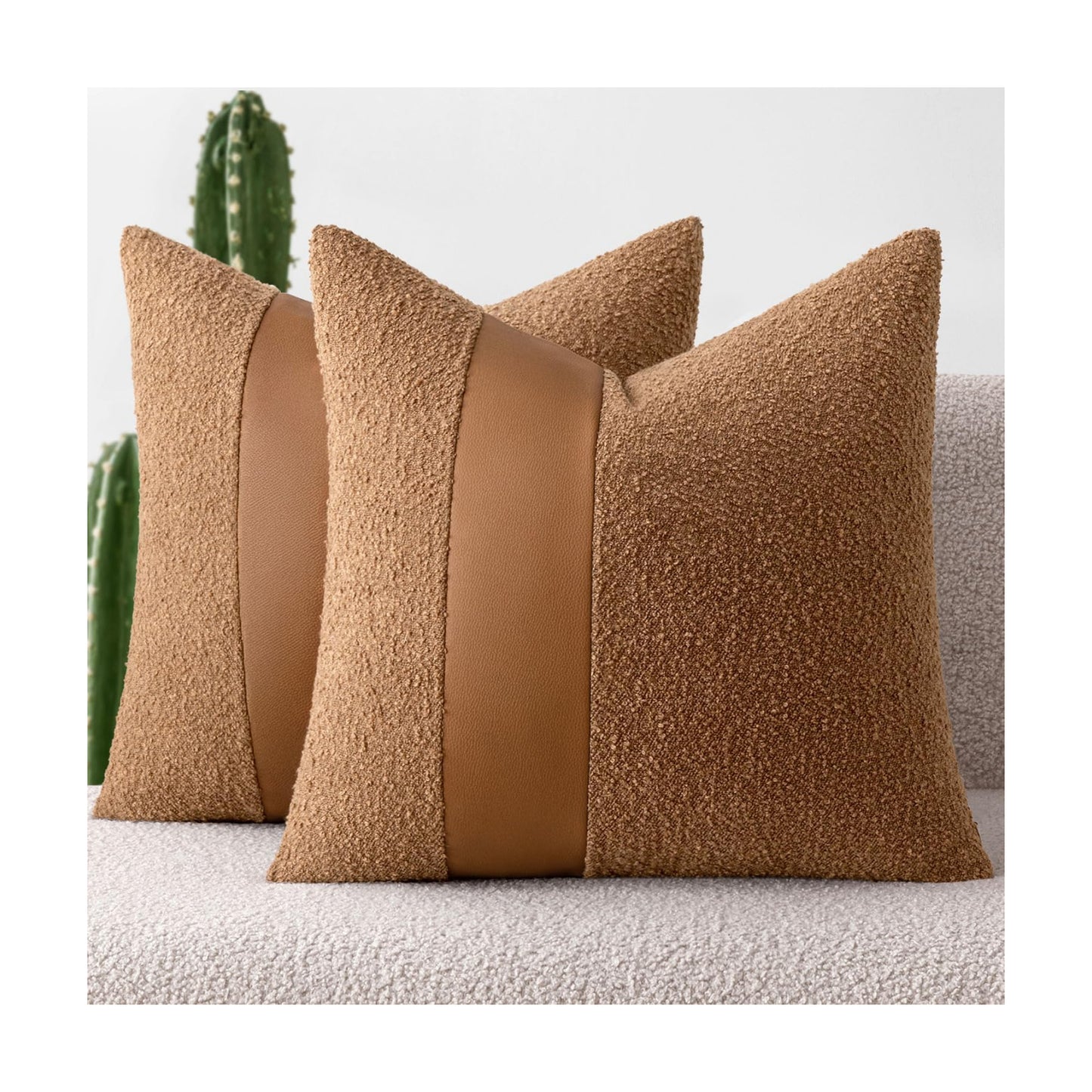 Boucle Throw Pillow Covers Faux Leather Textured Decorative Pillow / 18 x 18 / Brown / Set of 2