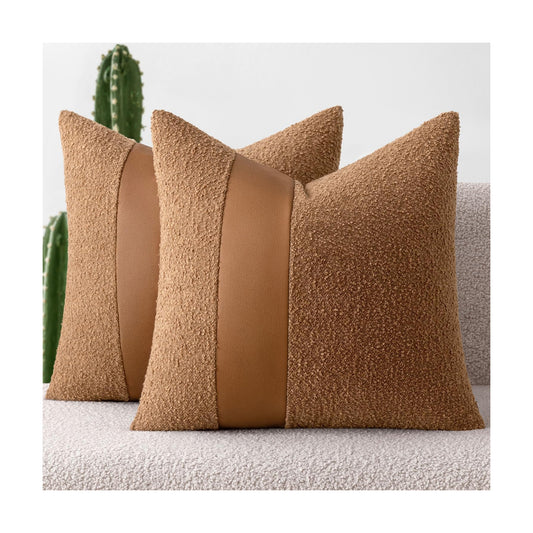 Boucle Throw Pillow Covers Faux Leather Textured Decorative Pillow / 18 x 18 / Brown / Set of 2