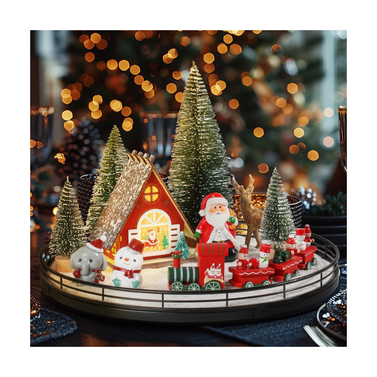 Oroyutor 12-Piece Christmas Village Centerpiece with 13-Inch Oak Lazy Susan