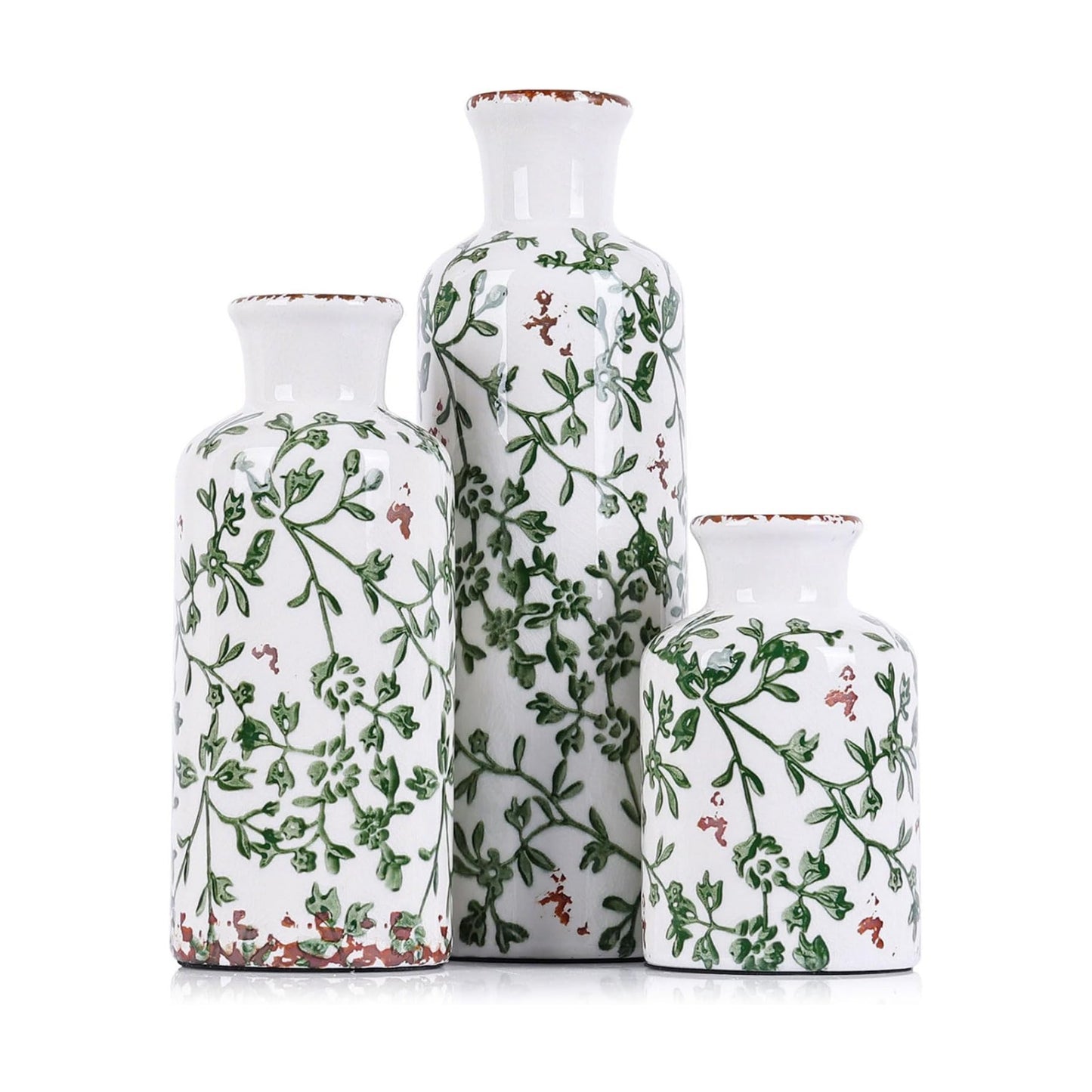 Green Ceramic Vase Set - 3 Chinoiserie Green Floral Vases, Farmhouse Country Flower Vase Home Decor, Living Room