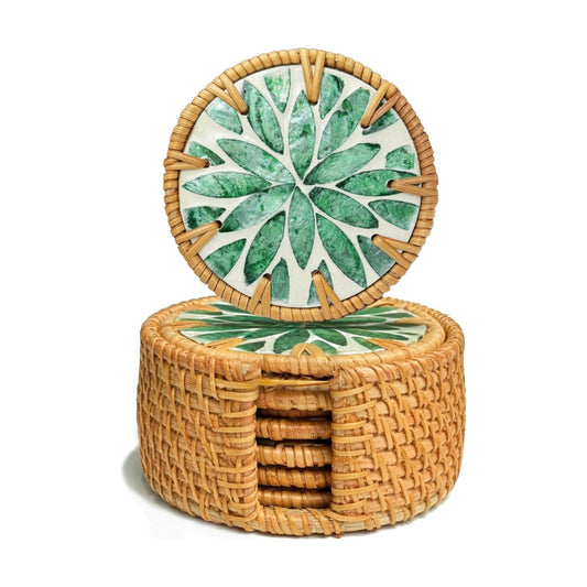 Holder Rattan & Mother of Pearl Drink Coasters / Botanical Green / Set of 6