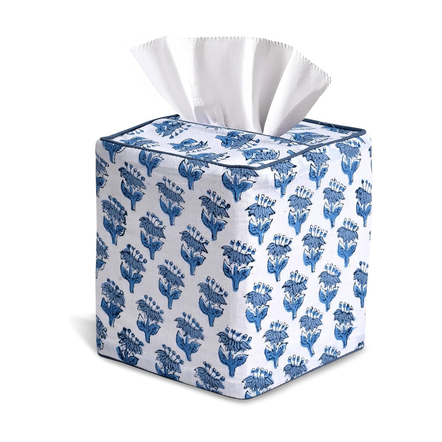 CPC Hand Block Printed Cotton Tissue Box Cover " Square Soft Reusable / Apatite Blue / 5 x 5 x 5.5