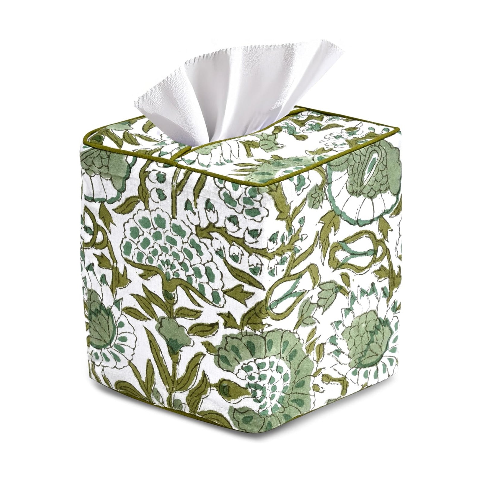 CPC Hand Block Printed Cotton Tissue Box Cover " Square Soft Reusable / Agate Green / 5 x 5 x 5.5