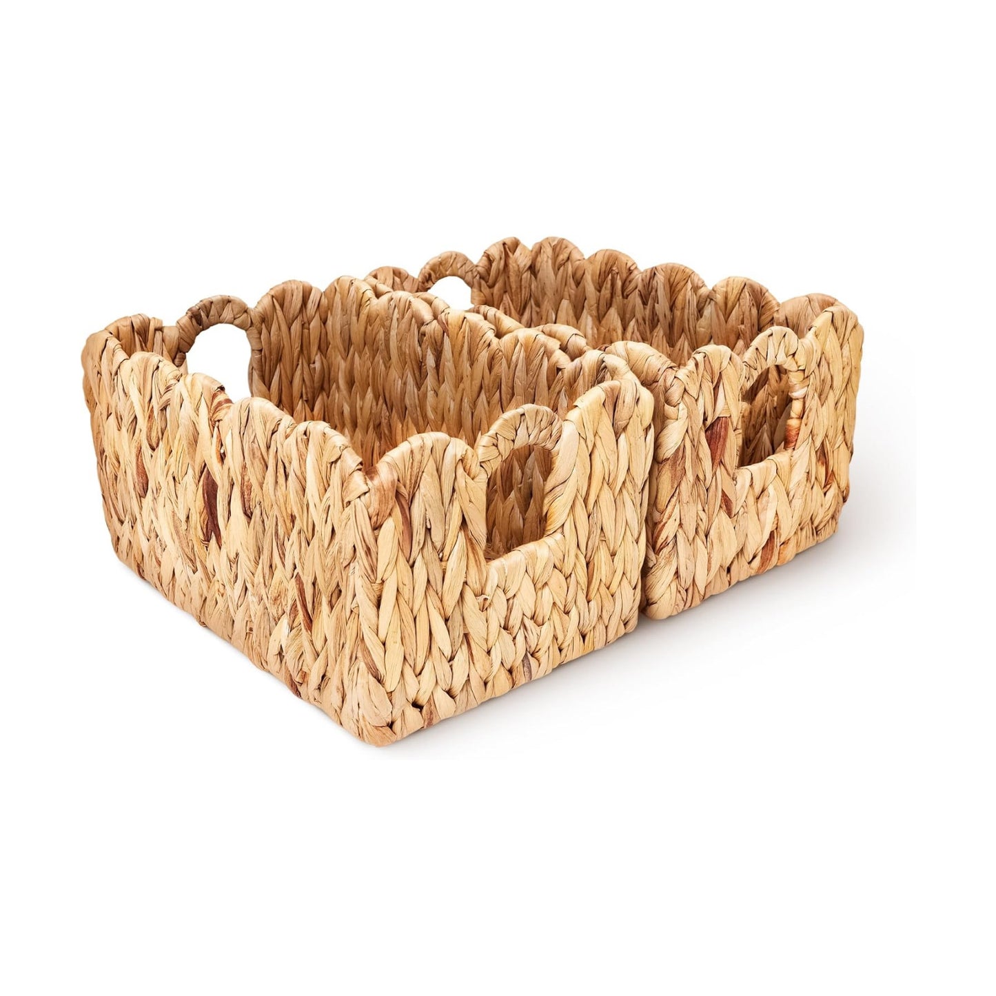 Scalloped Basket Set Water Hyacinth Wicker Storage Baskets for Nursery & Kids Books / Natural