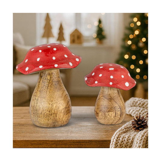 Wooden Mushrooms Decorative Figurines / Red / Set of 2