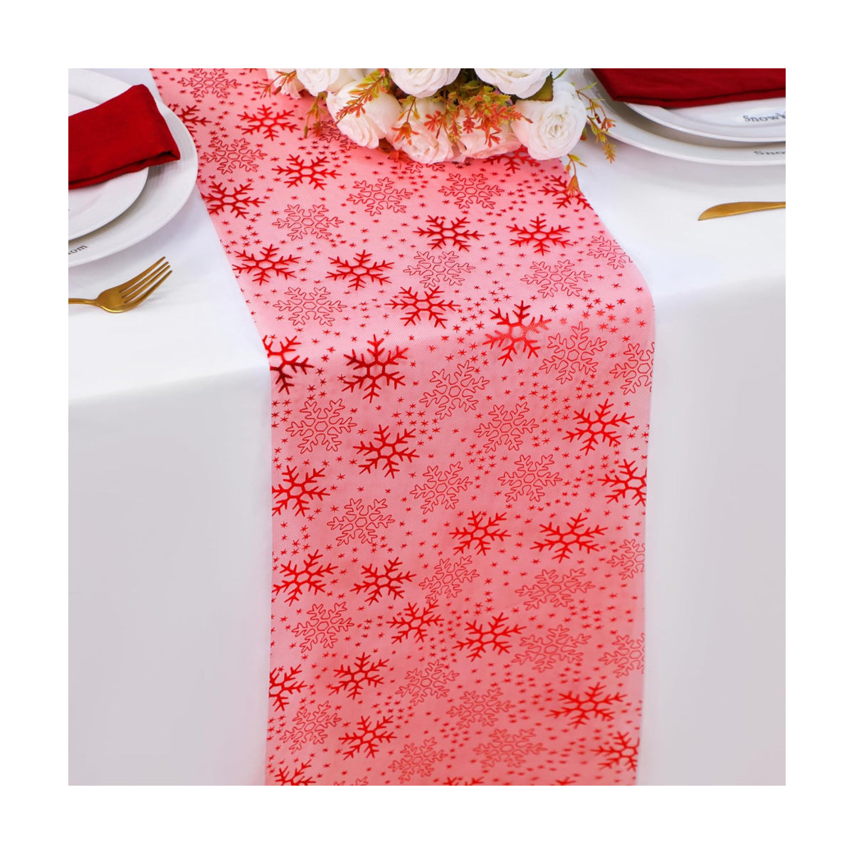 Snowkingdom 2 Pcs Christmas Red Snowflake Table Runner 108 Inch Sparkly Red Foil Glitter Metallic Mesh Runners Dining Kitchen Table Decorations for Seasonal Winter Xmas Festival Holiday Home Party