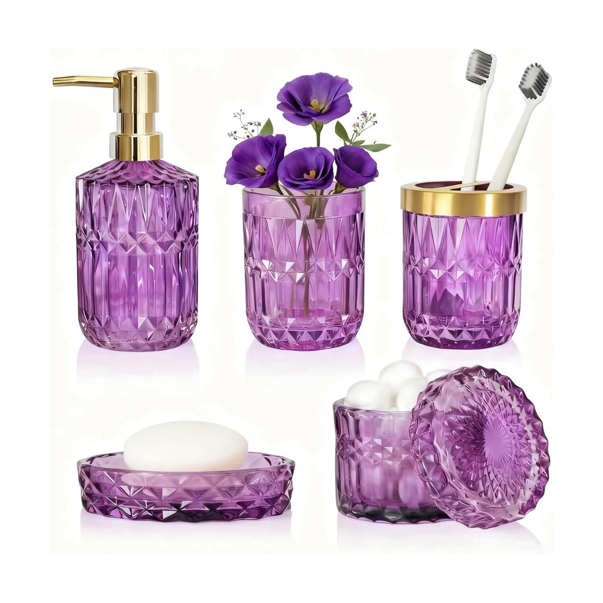 LaMrriti Purple Bathroom Accessories Set 5 Pcs, Glass Bathroom Set | Soap Dispenser and Toothbrush Holder Set, Q-tip