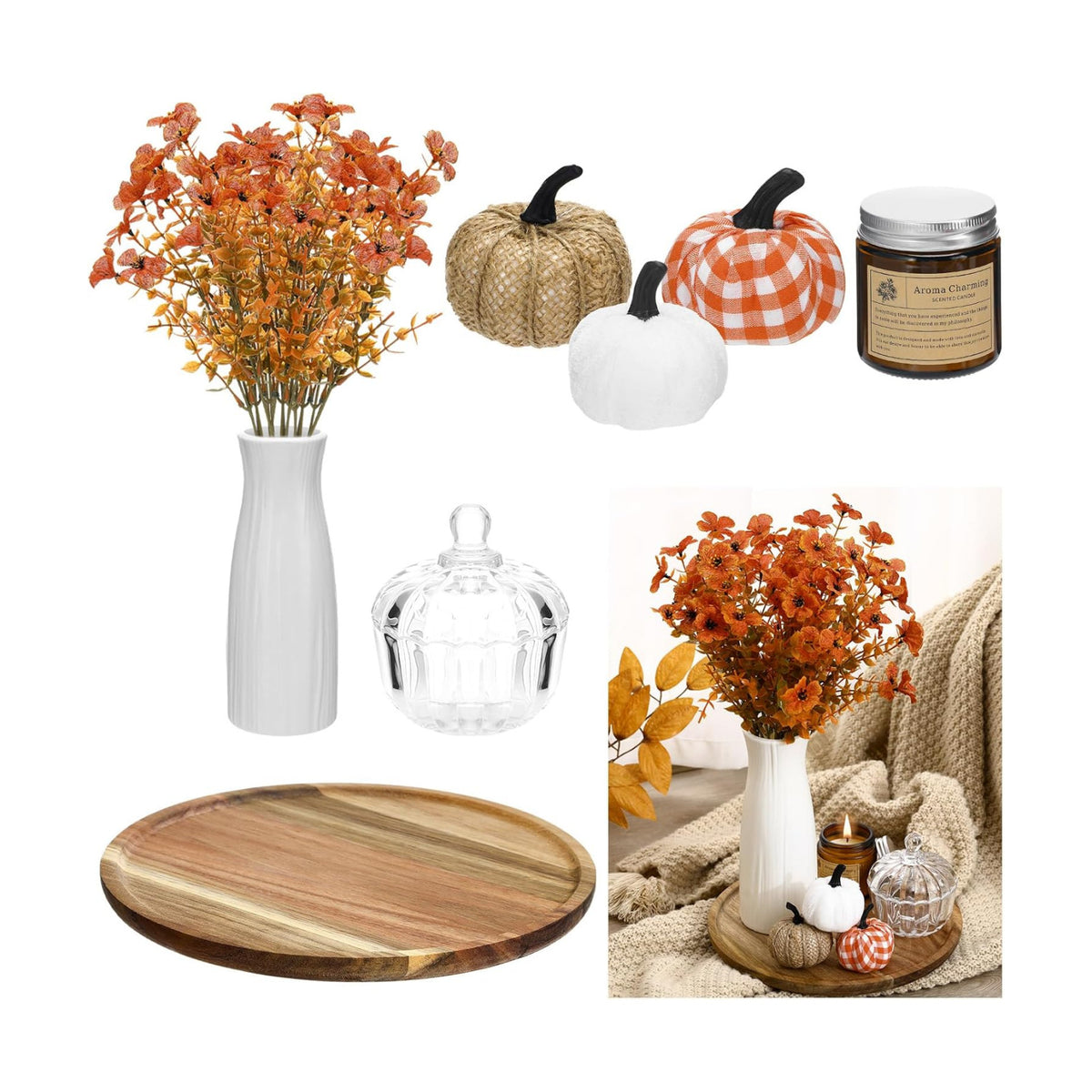 Pinkunn 10 Pcs Fall Wooden Decorative Tray Set with Round Wood Tray Scented Candles Burlap Faux Pumpkin Glass Pumpkin Sugar Bowl Artificial Fake Flowers Vase Autumn Decor Set for Thanksgiving Home