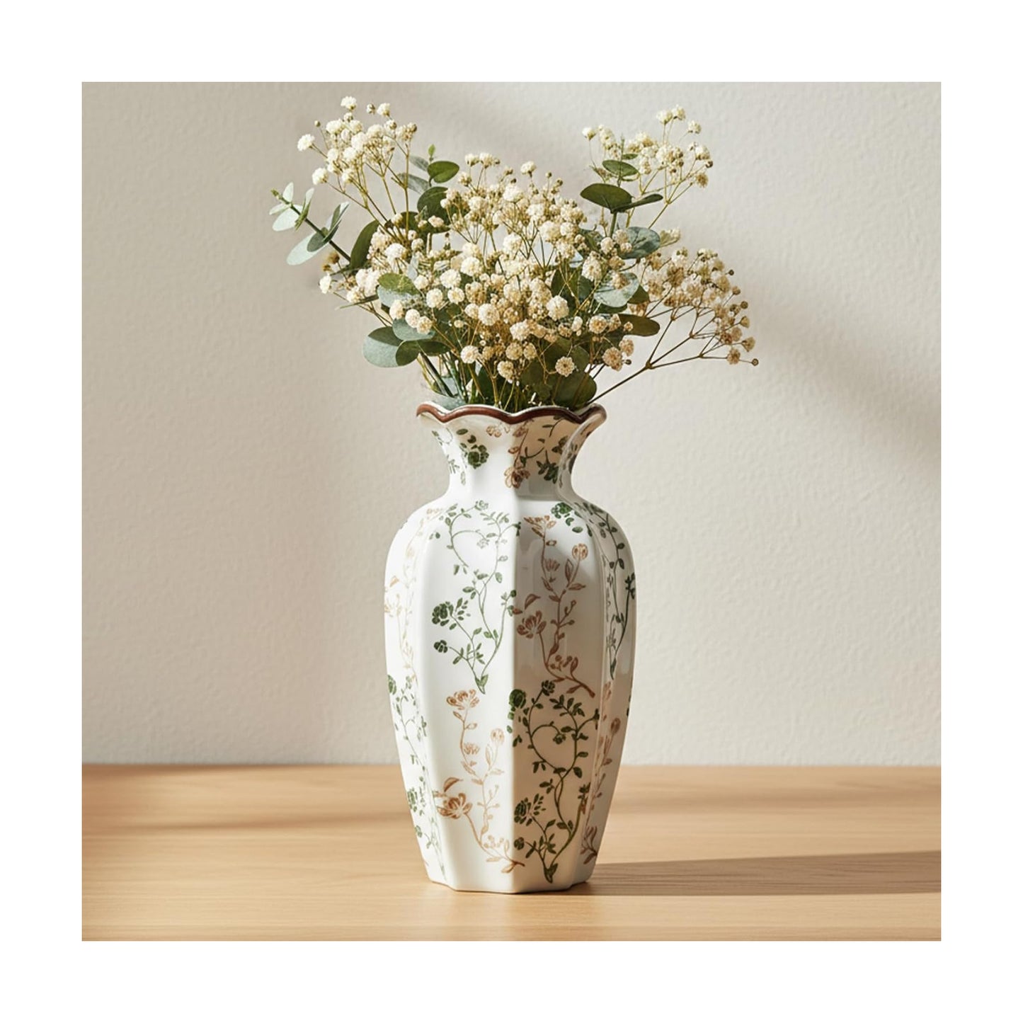 Green Floral Ceramic Vase / Brown and Green / 8.86 Inch