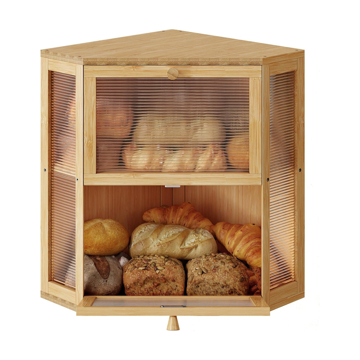 WOWLIVE Double Layer Corner Bread Box for Kitchen Countertop with 2 Doors | Bamboo Bread Storage Container, Large