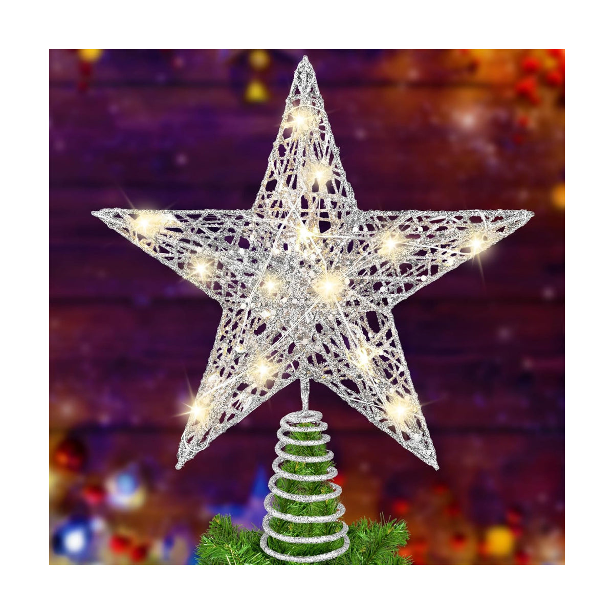 DULEFUN 11.8’’ Silvery Christmas Tree Topper Star Treetop with 20 LED