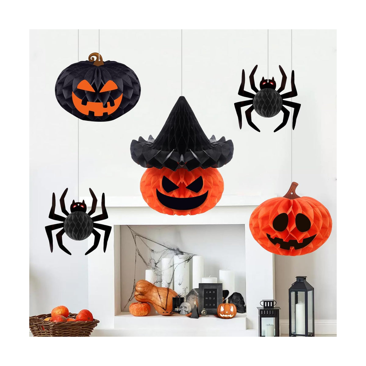Konsait Halloween Hanging Decorations - 5 Pack Paper 3D Spider Pumpkin Decor with Facial Expressions Stickers for Indoor Outdoor Halloween Decorations