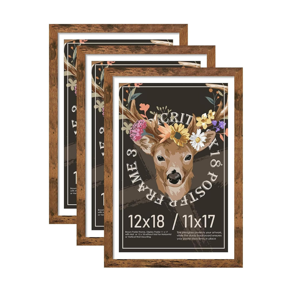 12x18 Rustic Brown Poster Frame, Picture Frame for Wall, 3 Pack | Fits 11x17 Photos With Mat or 12x18 Without Mat