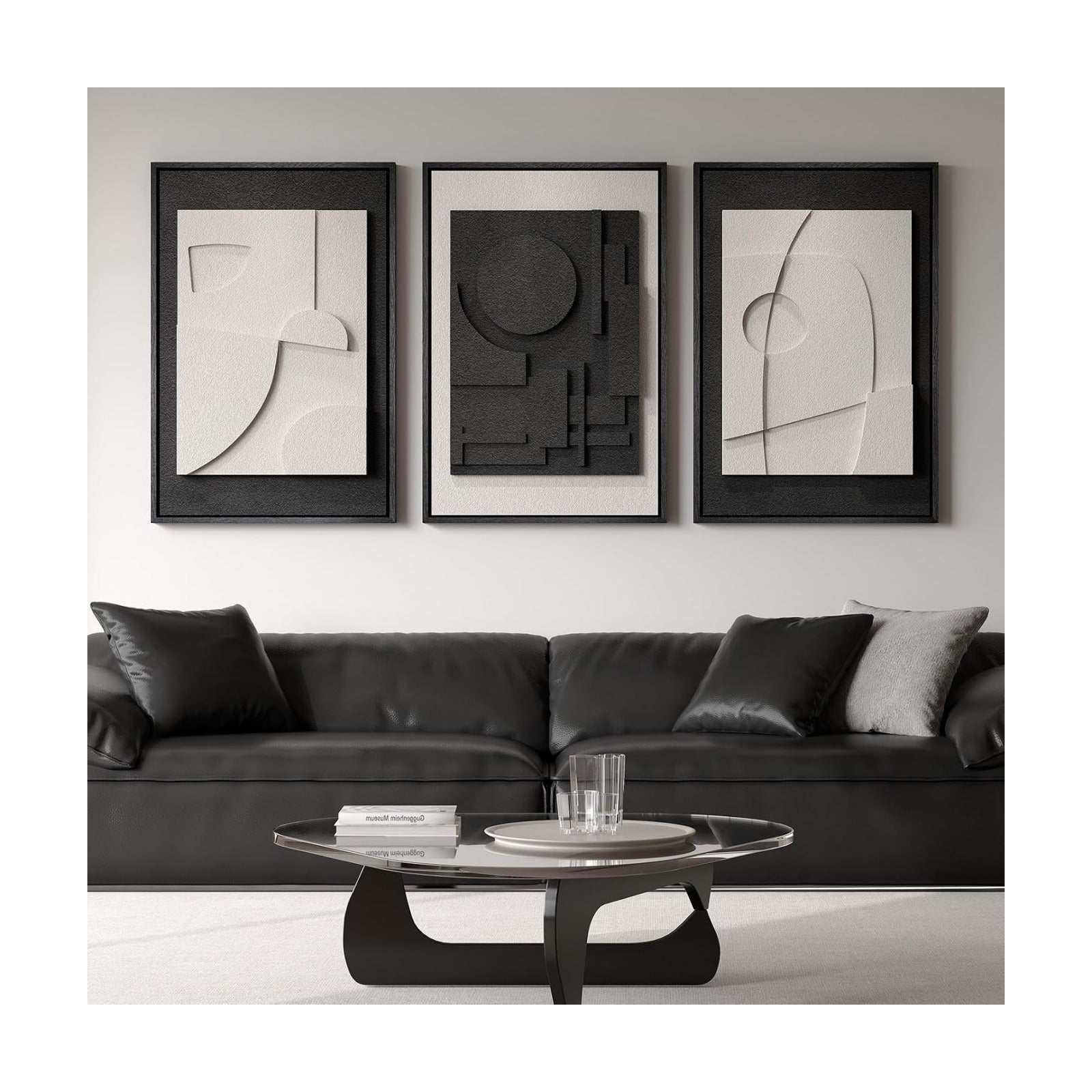 Large Framed Black and White Modern 3D Abstract Wall Art Set