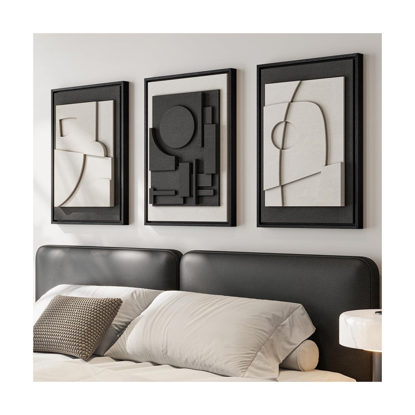 3D Textured Framed Black and White Abstract Wall Art Set of 3, 16x24 In