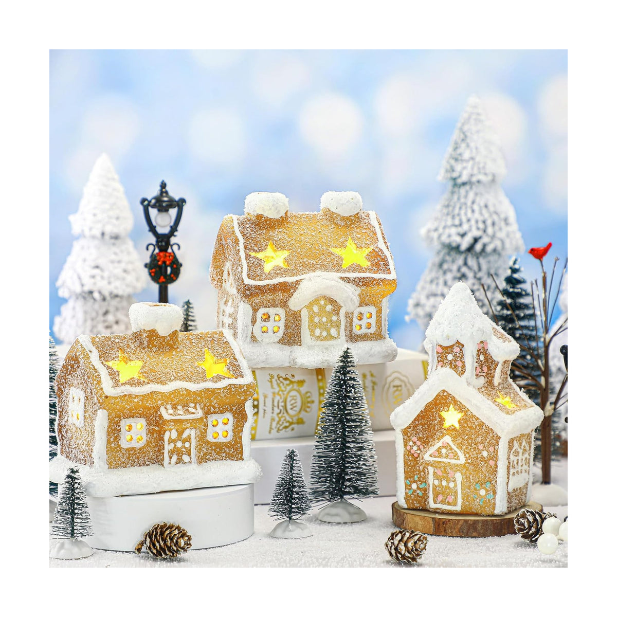 GlikCeil 17 Pcs LED Christmas Gingerbread Village, Ceramic Houses and Trees