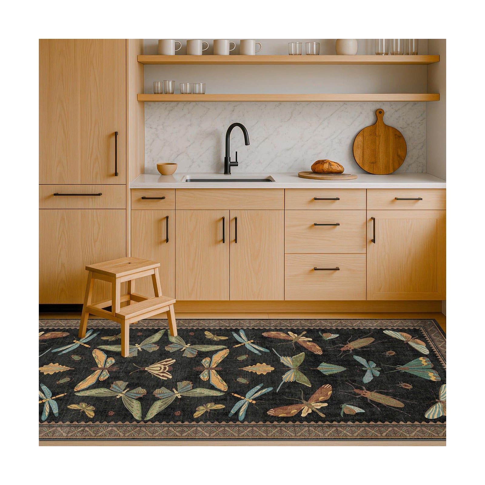 2x5 Black Washable Kitchen Runner Rugs Non Skid Washable - Gothic Runner Rug for Entryway, Kitchen, Insect Print Stain