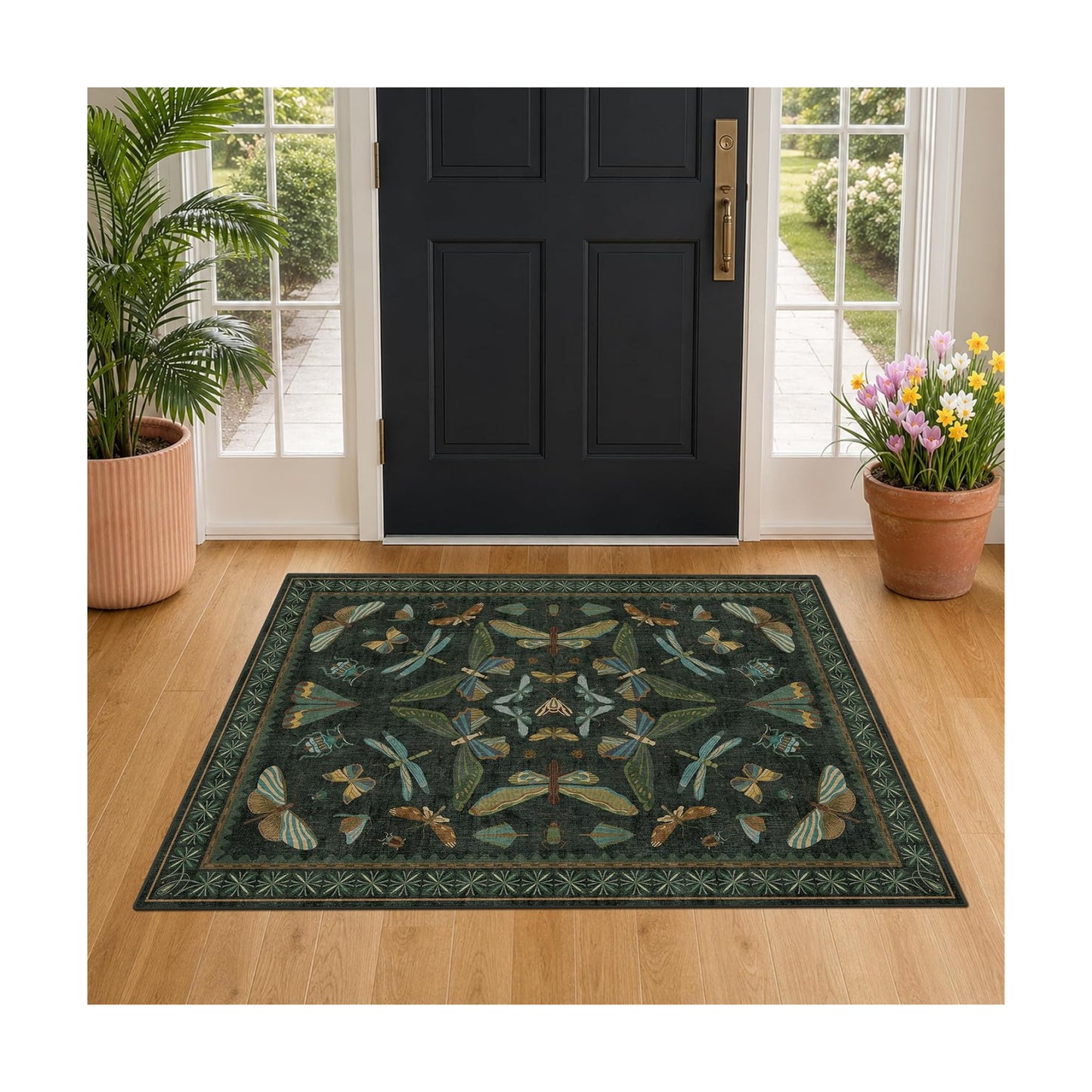 Washable 3x4 Rugs for Entryway, Small Area Rug for Large Kitchen, Mudroom, Dark Green and Black Insect Print, Non Slip