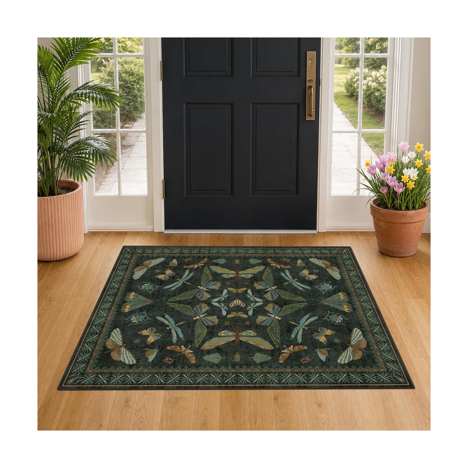 Washable 3x4 Rugs for Entryway, Small Area Rug for Large Kitchen, Mudroom, Dark Green and Black Insect Print, Non Slip