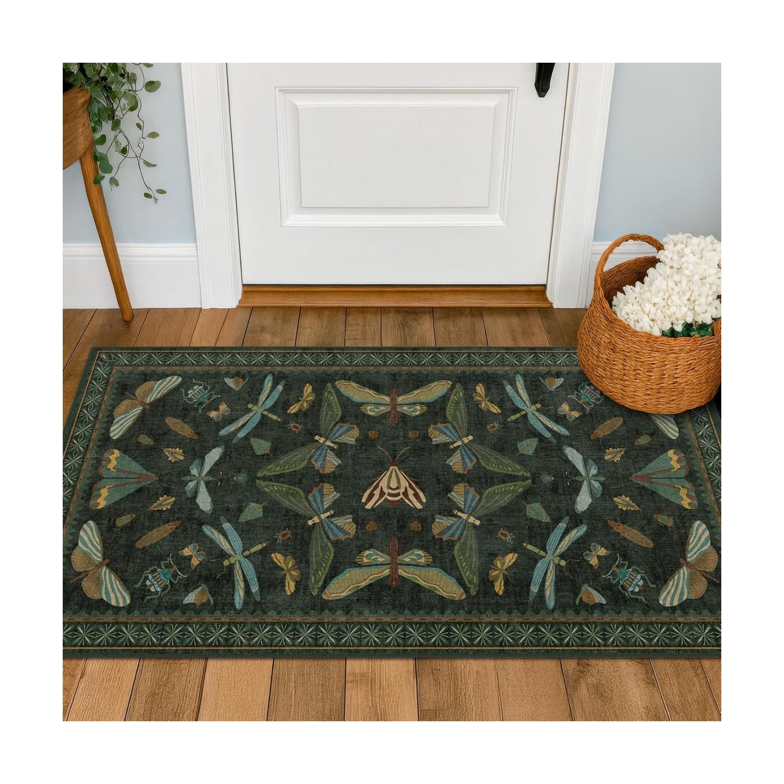 Washable 2x4 Rug Runner, Small Runners for Entryway Indoor, Kitchen, Bathroom, Dark Green Insect Boho Design, Non Slip