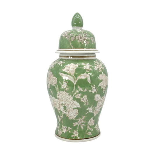 14" Green & White Floral Ceramic Porcelain Ginger Jar Floral Home / 14" Green & White Ginger Jar